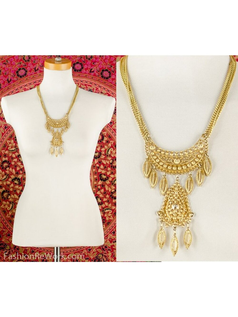 Iconic Runway Statement Necklace in Textured Gold Tone Vintage 60's 70's Gold Ch